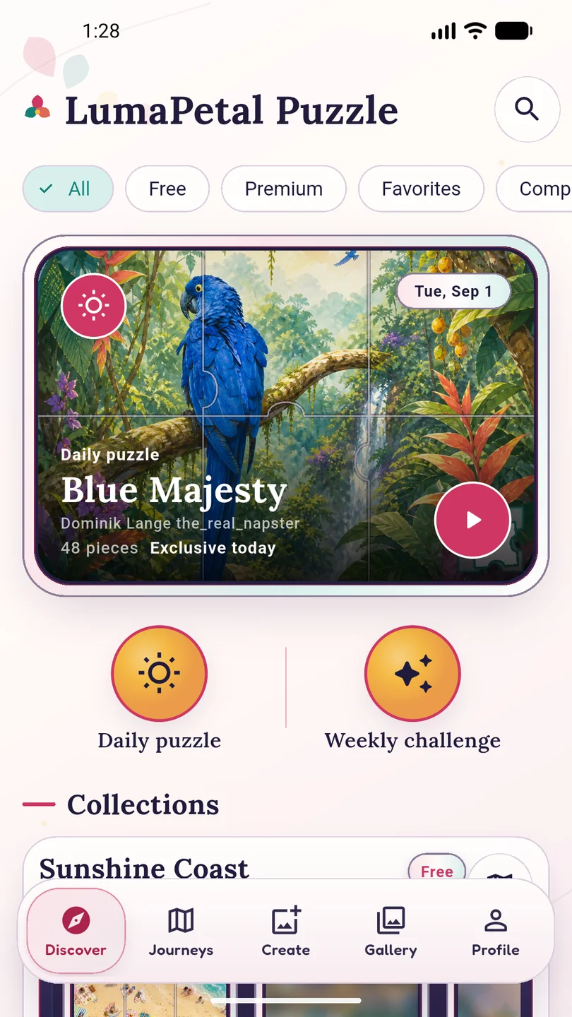 LumaPetal Puzzle Discover screen featuring the Blue Majesty daily puzzle and illustrated collections