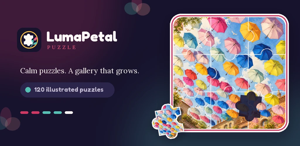 Colorful umbrella artwork assembled as a jigsaw puzzle