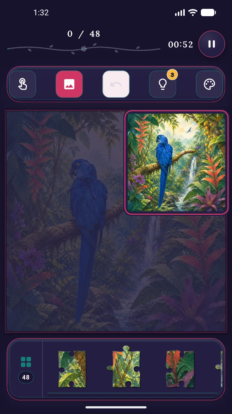 LumaPetal gameplay screen showing Blue Majesty on a jigsaw board with a piece tray