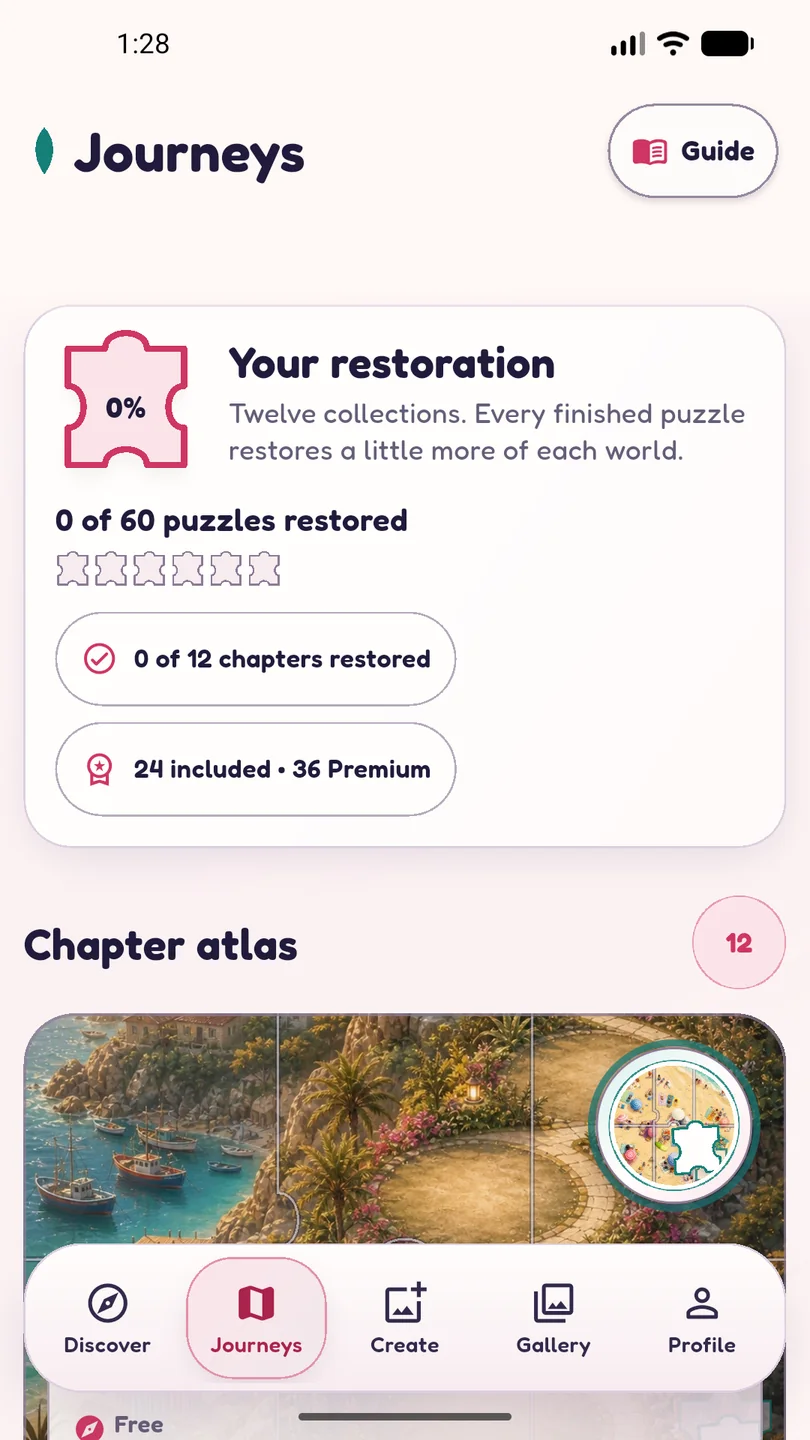 LumaPetal Journeys screen showing restoration progress and the 12-chapter atlas