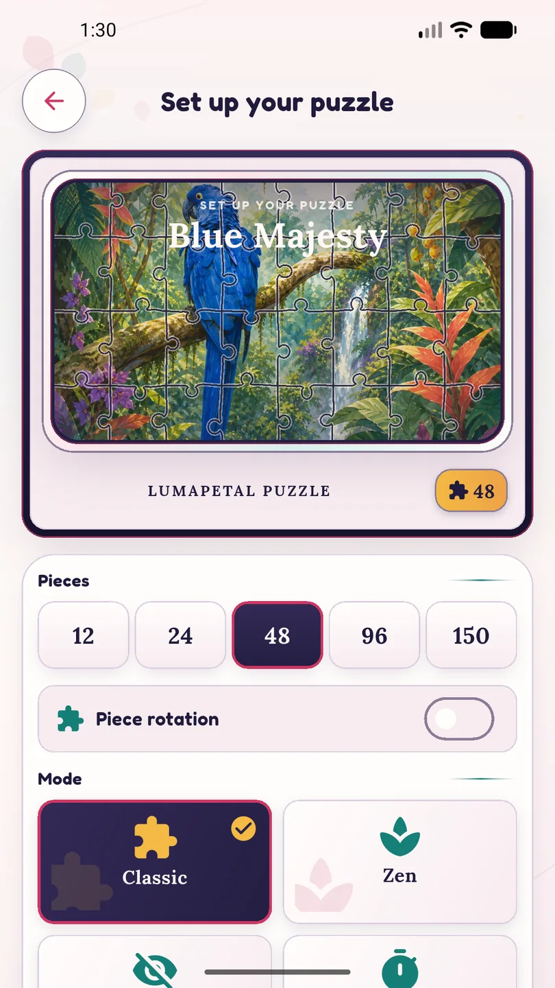 LumaPetal setup screen showing piece counts and four game modes for Blue Majesty