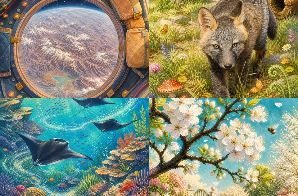 Four LumaPetal illustrations: an orbital view, a fox in flowers, manta rays, and a blossom garden
