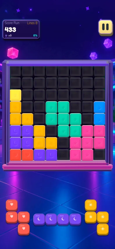 Memory Tails Choose 3 gameplay on an 8 by 8 board with three colorful pieces ready to place