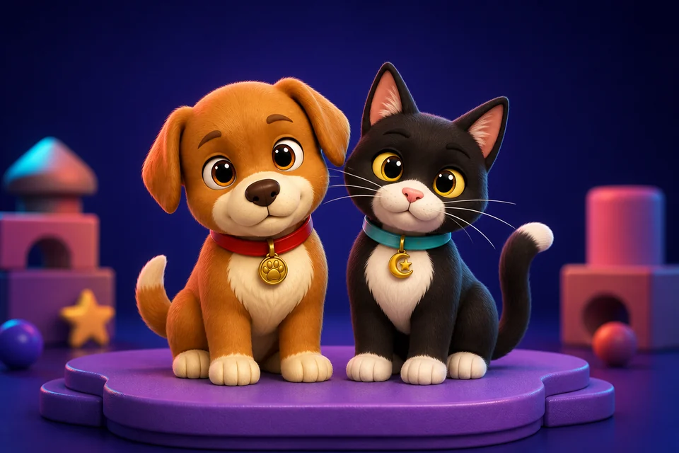 The Memory Tails dog and cat companions together on a violet stage