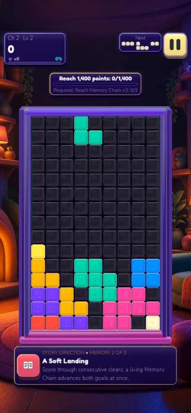 Memory Tails Falling gameplay on a colorful 9 by 15 board with story direction and touch controls