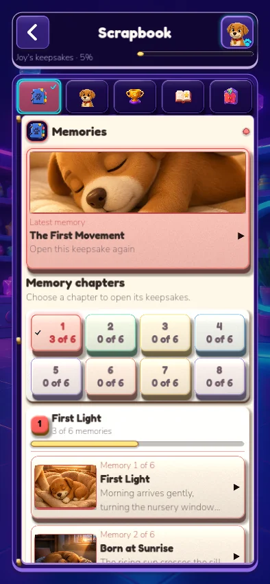 Memory Tails Scrapbook showing illustrated memories and chapter keepsakes