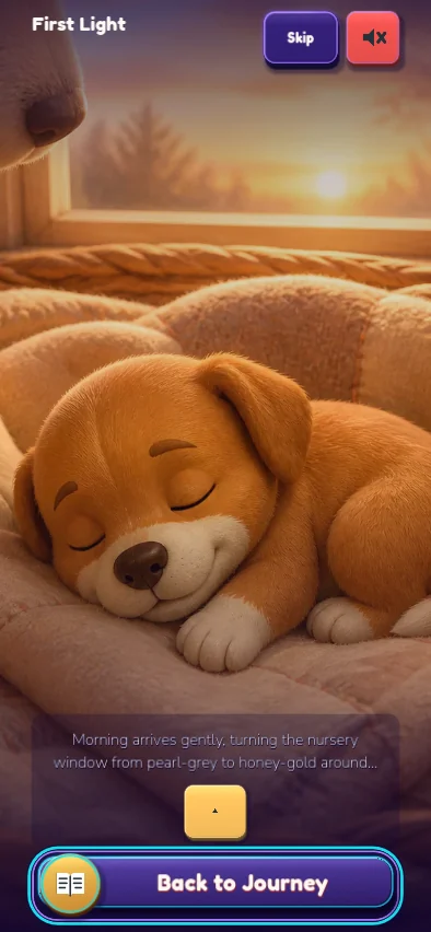 A newborn dog sleeping in warm sunrise light in a Memory Tails story scene