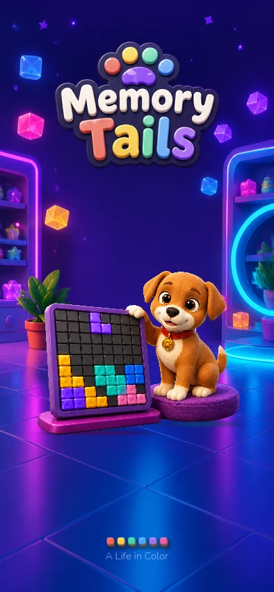 Memory Tails title screen with a dog companion and colorful puzzle board