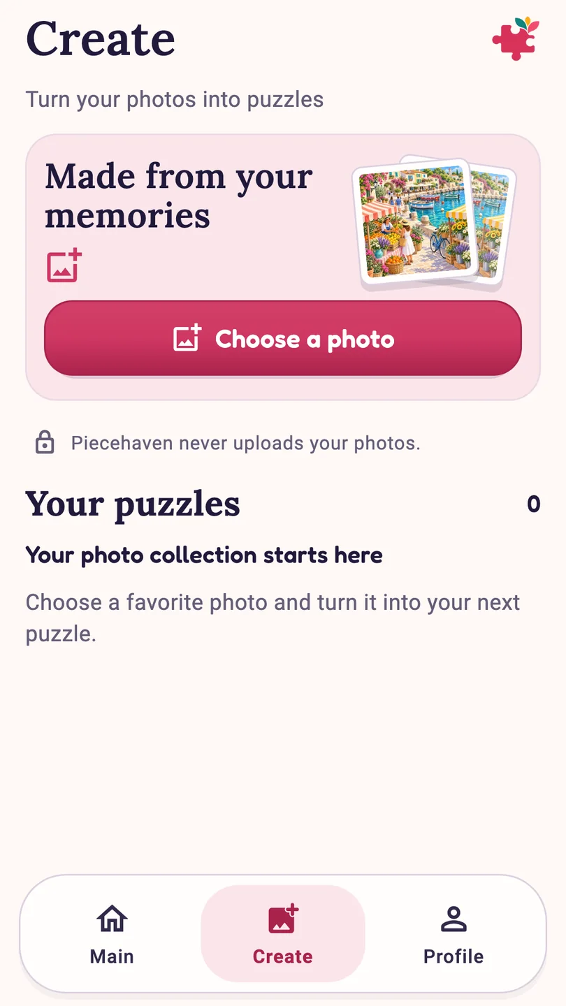 Piecehaven Create preview with photo import and local privacy information