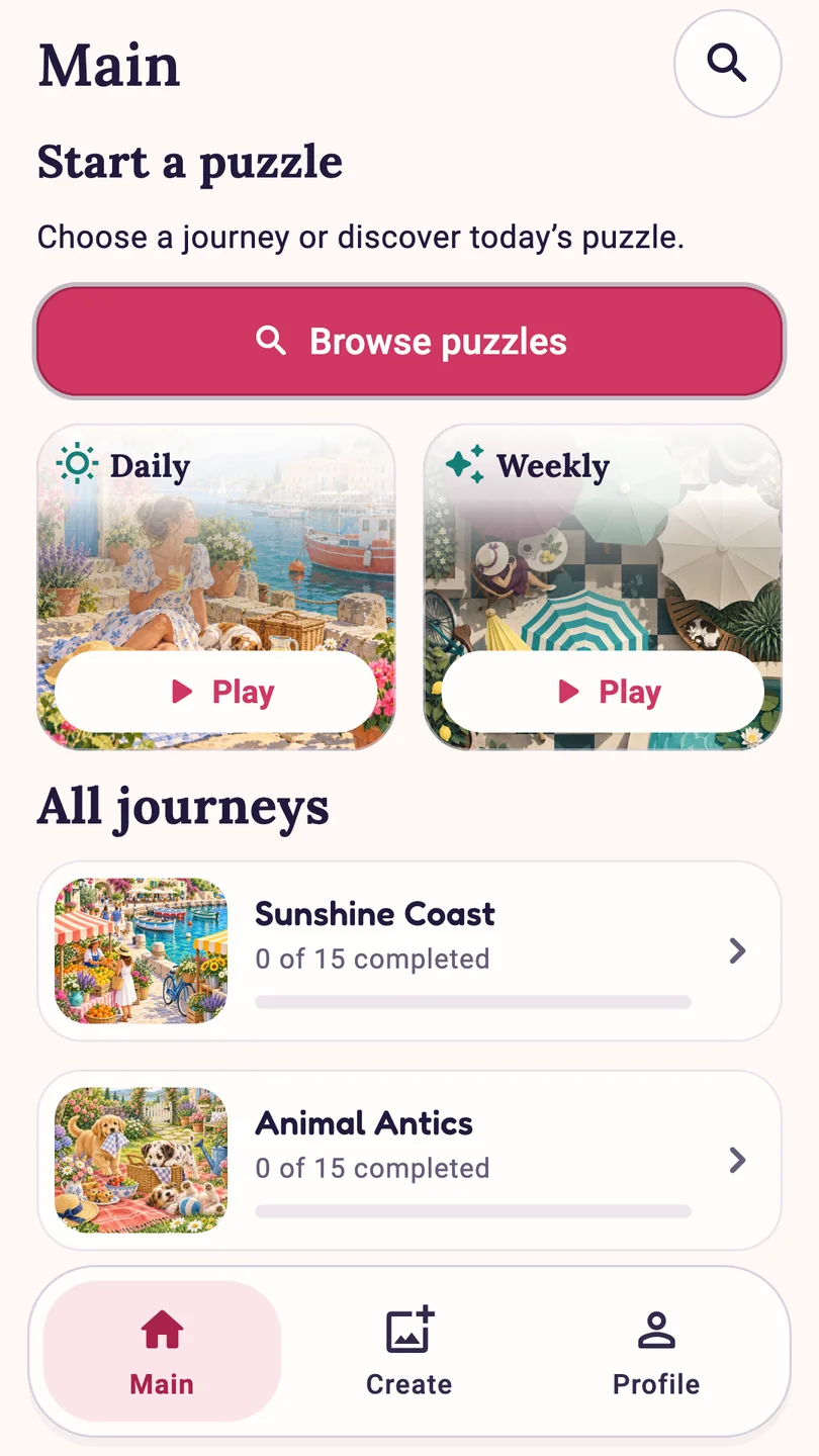 Piecehaven Main screen preview with Daily and Weekly puzzles and illustrated journeys