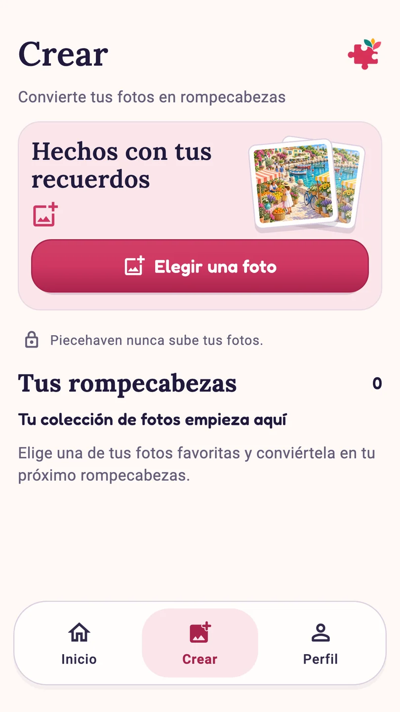 Pantalla Crear de Piecehaven en español para convertir una foto personal en un rompecabezas