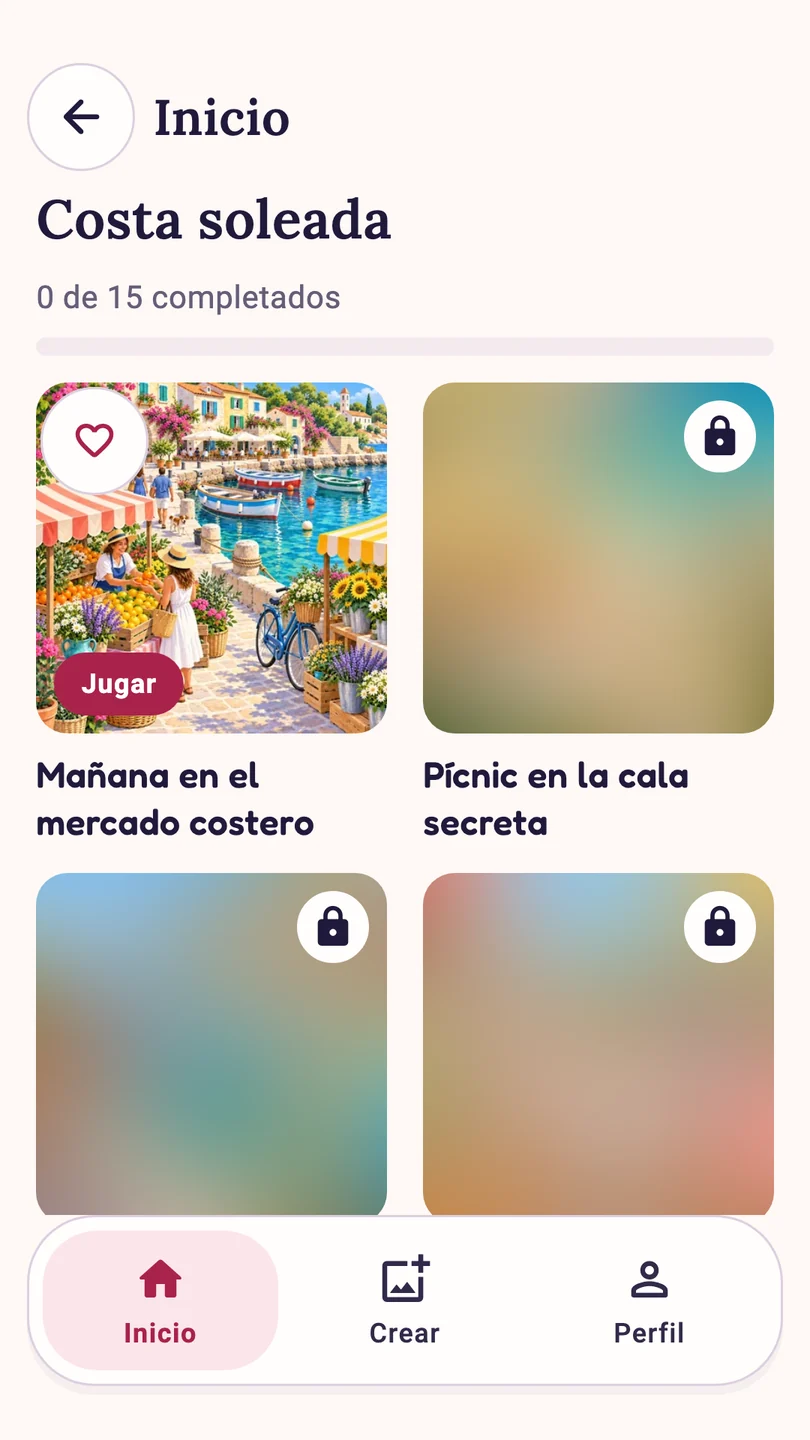 Una colección de rompecabezas y el progreso del jugador en español