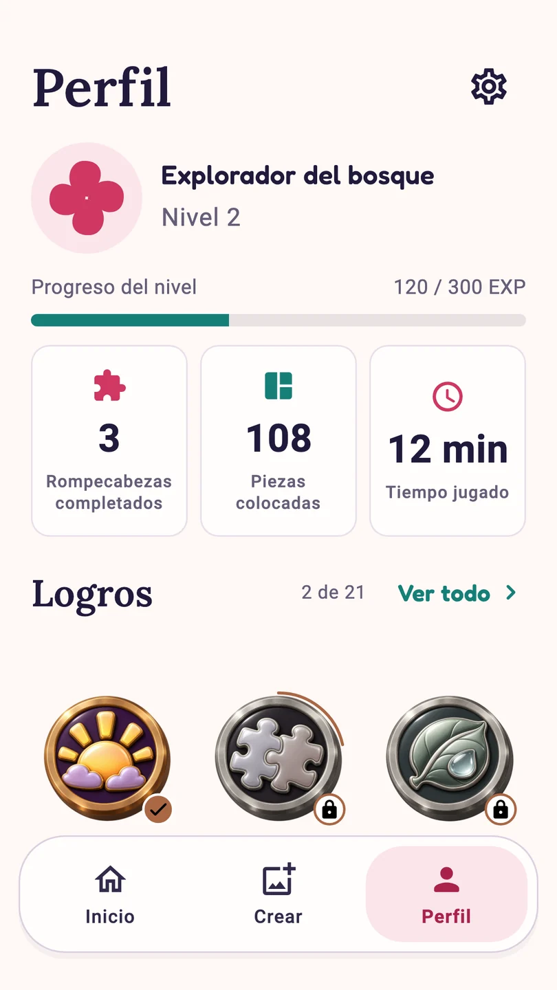 Perfil de Piecehaven en español, con estadísticas, logros y acceso a los ajustes