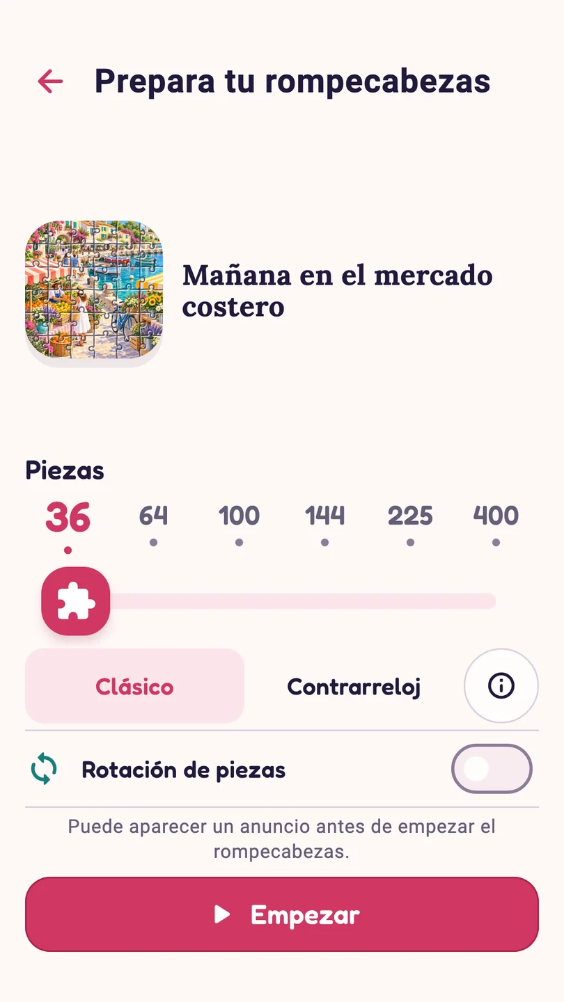 Configuración del rompecabezas en español, con el modo Clásico y el número de piezas