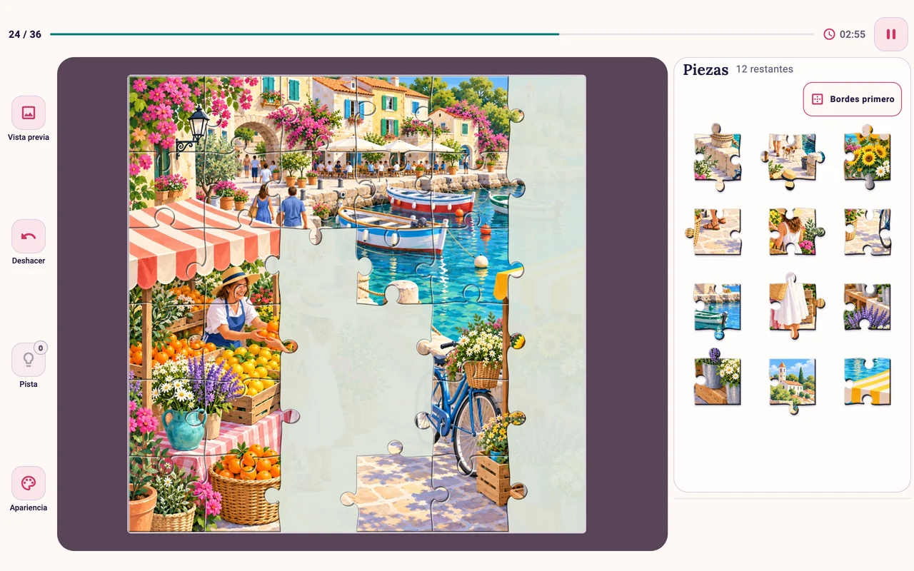 Captura real del juego en español en una tablet horizontal, con tablero amplio y bandeja lateral