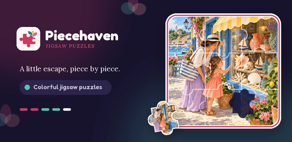 Piecehaven jigsaw artwork of a family exploring a seaside market