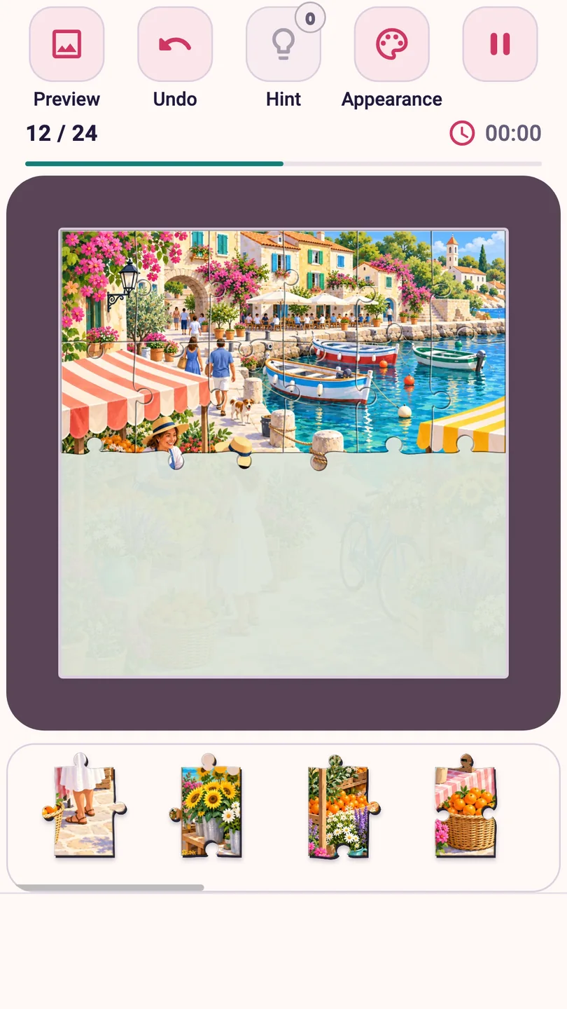Piecehaven gameplay preview showing a seaside market puzzle and a piece tray
