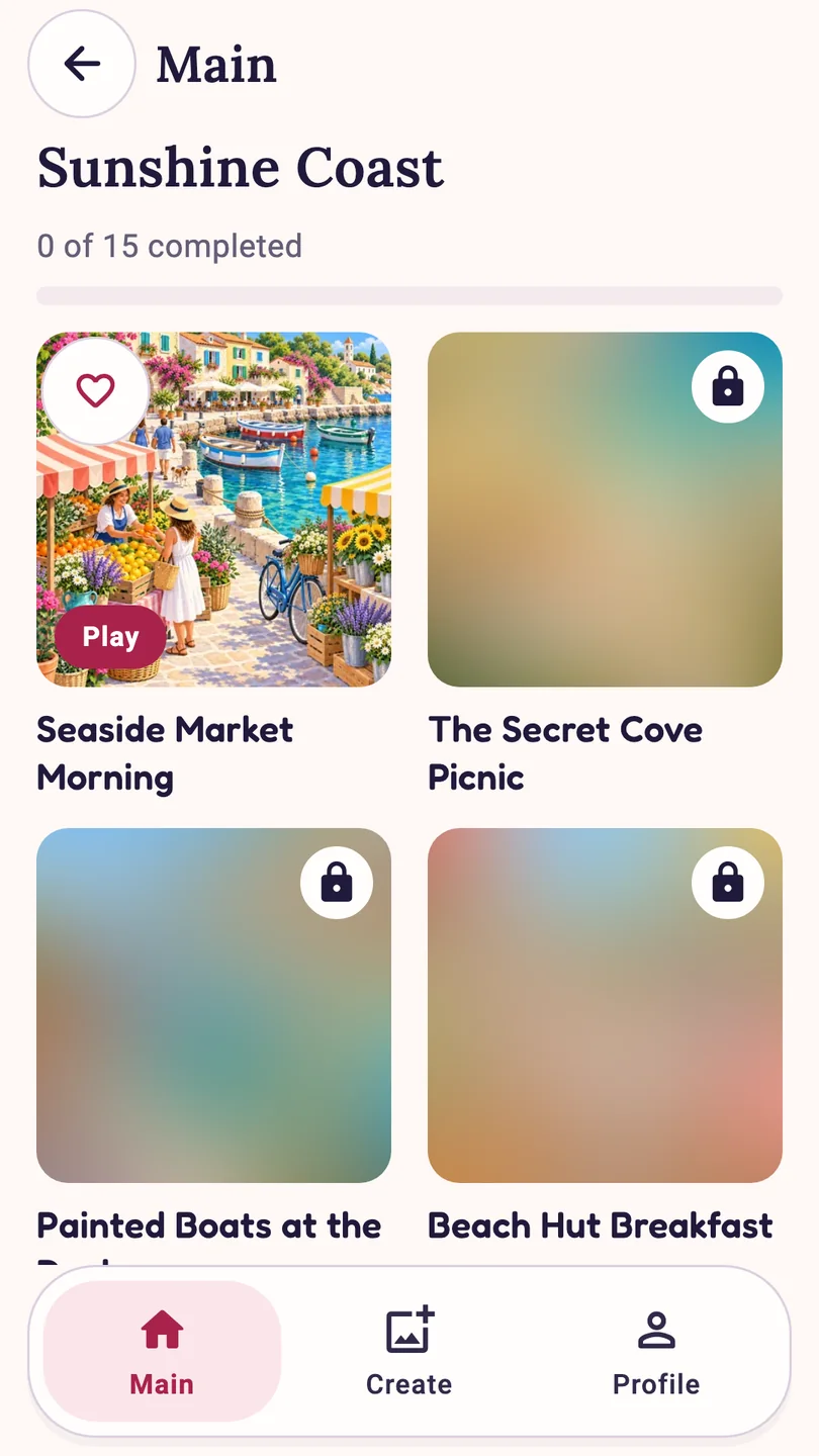 Piecehaven journey preview showing seaside puzzles and completion progress