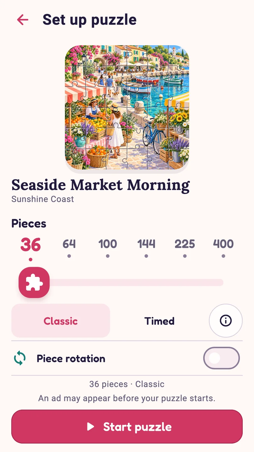 Piecehaven setup preview showing piece counts and rotation for Seaside Market Morning
