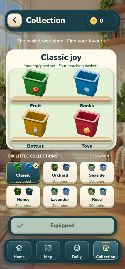 Route & Deliver basket collection showing the Classic set and styles earned with coins