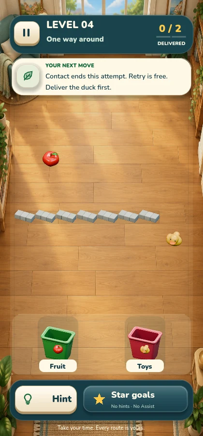 Playable Route & Deliver board with objects, obstacles, and matching baskets