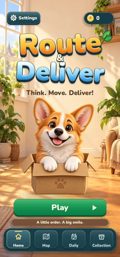 Route & Deliver home screen with its corgi companion and warm wooden room