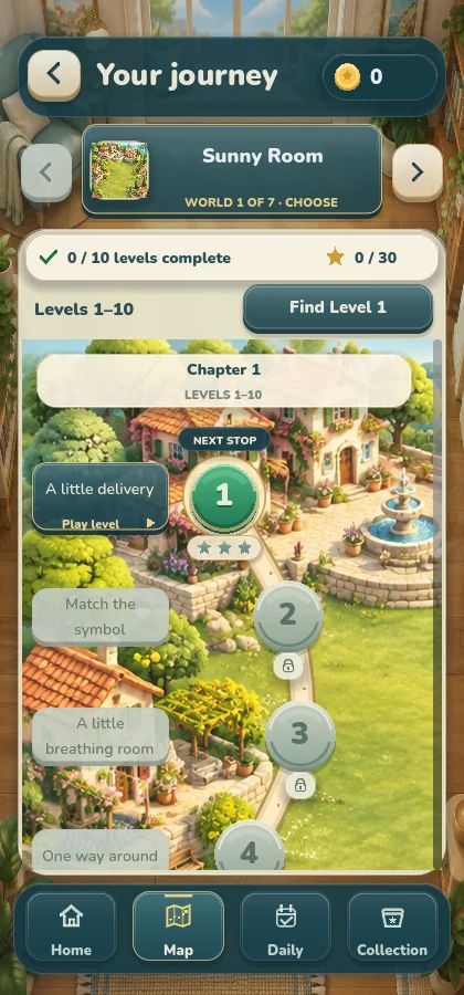 Sunny Room campaign map with a winding path of levels